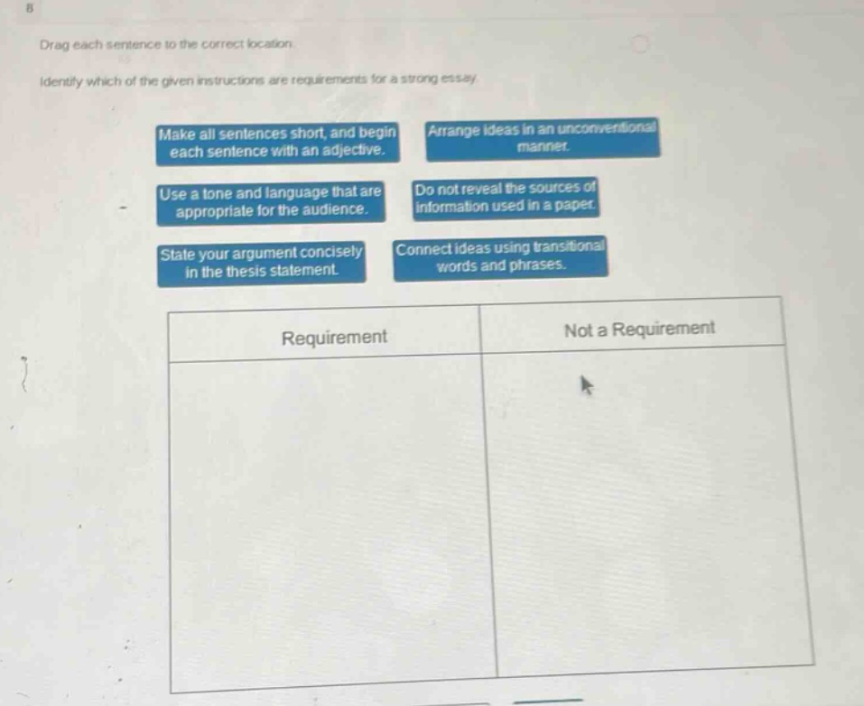 drag each sentence to the correct location. identify which of the given instructions are requirements for a strong essay. make all sentences short, and begin each sentence with an adjective. arrange ideas in an unconventional manner. use a tone and language that are appropriate for the audience. do not reveal the sources of information used in a paper. state your argument concisely in the thesis statement. connect ideas using transitional words and phrases. requirement not a requirement
