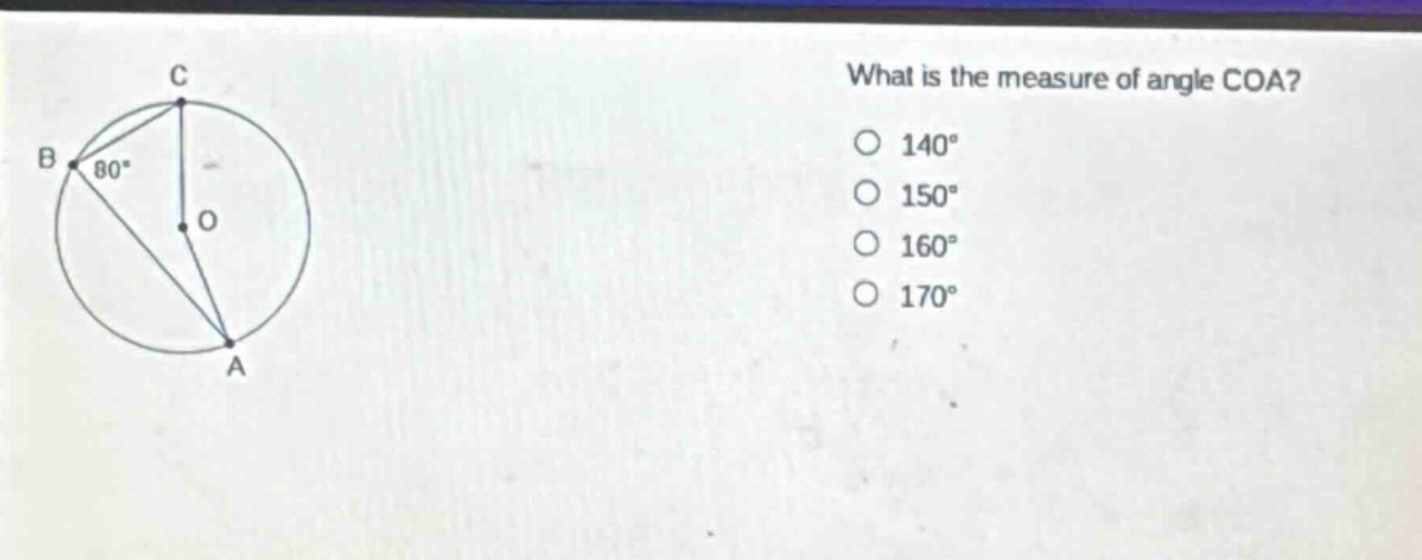 what is the measure of angle coa?\n140°\n150°\n160°\n170°