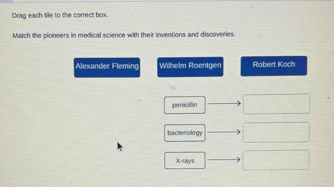 drag each tile to the correct box. match the pioneers in medical science with their inventions and discoveries. alexander fleming wilhelm roentgen robert koch penicillin bacteriology x - rays