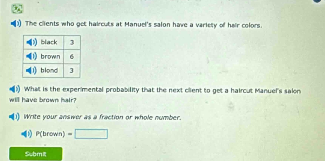 the clients who get haircuts at manuels salon have a variety of hair colors. black 3 brown 6 blond 3 what is the experimental probability that the next client to get a haircut manuels salon will have brown hair? write your answer as a fraction or whole number. p(brown) =
