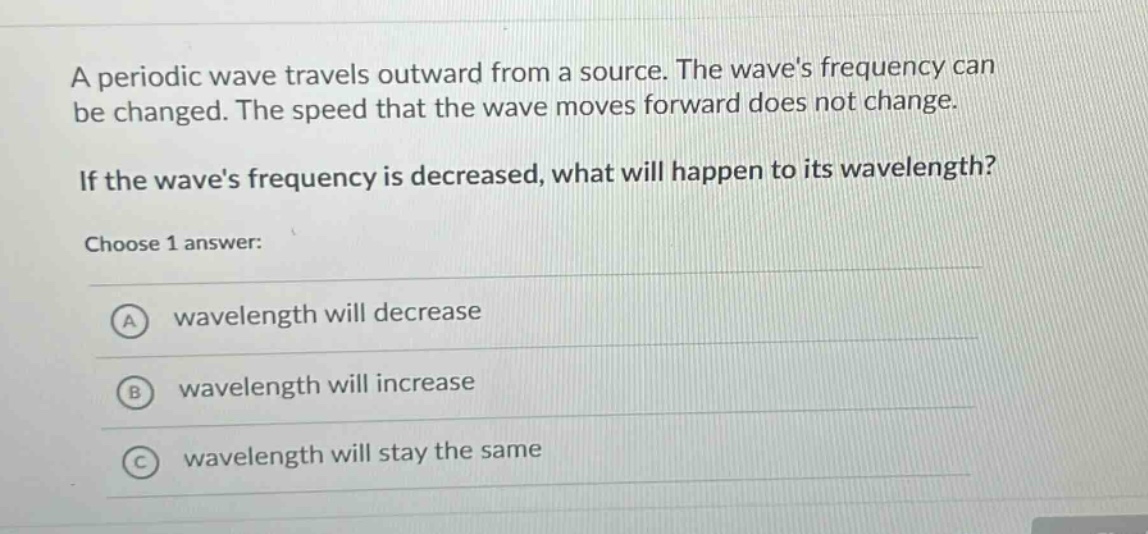 a periodic wave travels outward from a source. the waves frequency can be changed. the speed that the wave moves forward does not change. if the waves frequency is decreased, what will happen to its wavelength? choose 1 answer: a wavelength will decrease b wavelength will increase c wavelength will stay the same