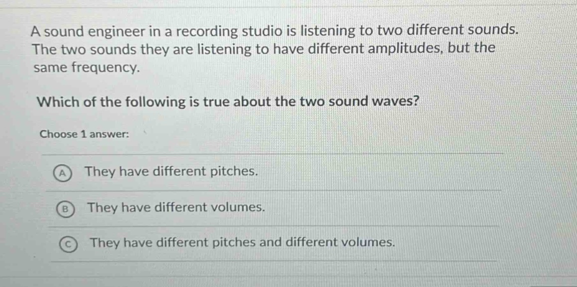 a sound engineer in a recording studio is listening to two different sounds. the two sounds they are listening to have different amplitudes, but the same frequency. which of the following is true about the two sound waves? choose 1 answer: a they have different pitches. b they have different volumes. c they have different pitches and different volumes.