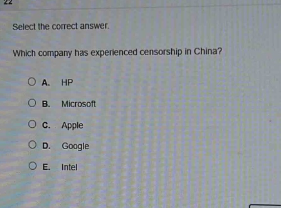 select the correct answer. which company has experienced censorship in china?\na. hp\nb. microsoft\nc. apple\nd. google\ne. intel