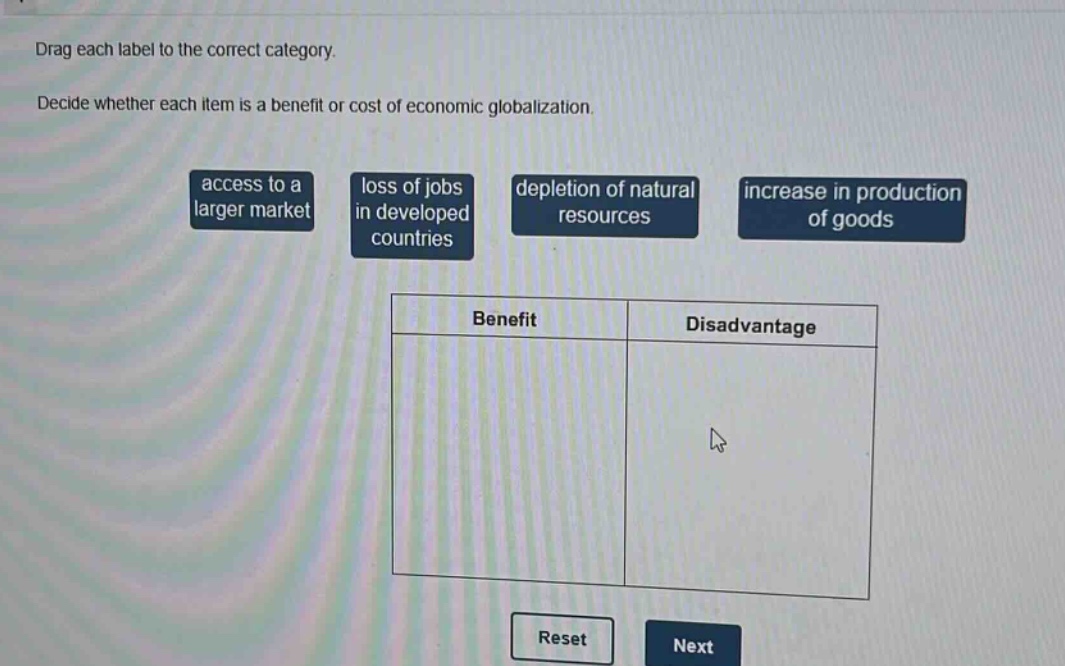 drag each label to the correct category. decide whether each item is a benefit or cost of economic globalization. access to a larger market loss of jobs in developed countries depletion of natural resources increase in production of goods benefit disadvantage reset next