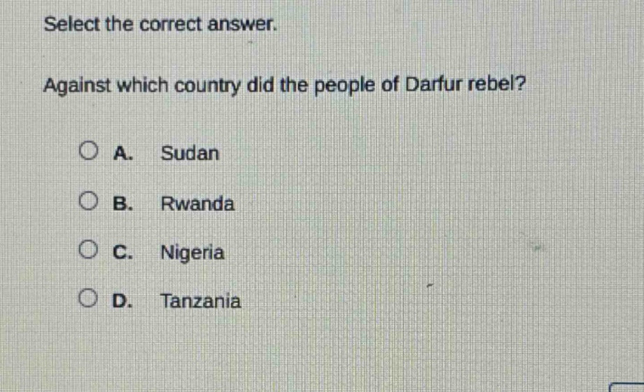 select the correct answer. against which country did the people of darfur rebel?\na. sudan\nb. rwanda\nc. nigeria\nd. tanzania