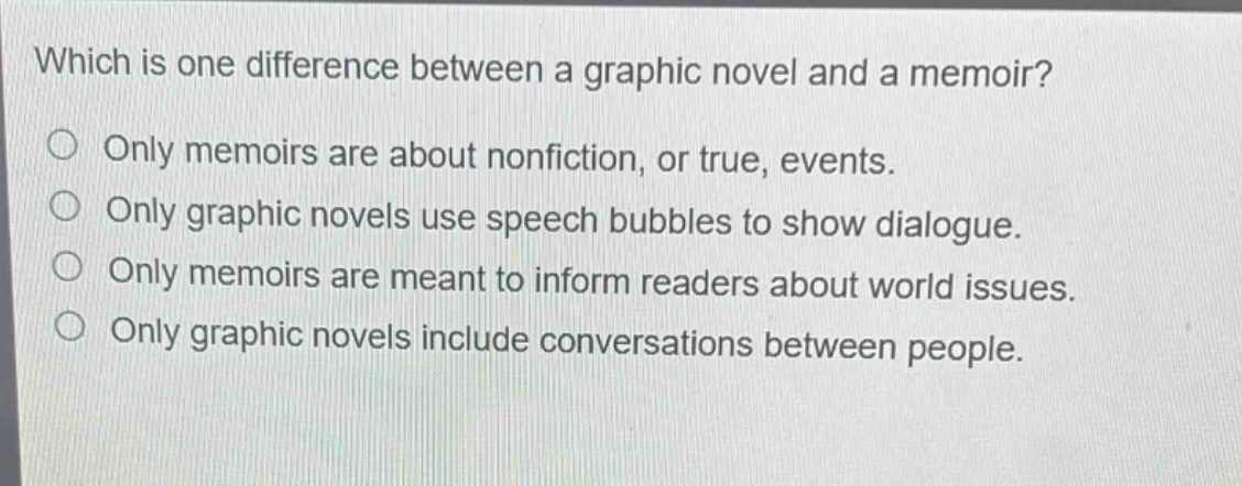 which is one difference between a graphic novel and a memoir?\nonly memoirs are about nonfiction, or true, events.\nonly graphic novels use speech bubbles to show dialogue.\nonly memoirs are meant to inform readers about world issues.\nonly graphic novels include conversations between people.