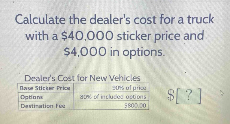 calculate the dealers cost for a truck with a $40,000 sticker price and $4,000 in options.\ndealers cost for new vehicles\n|base sticker price|90% of price|\n|options|80% of included options|\n|destination fee|$800.00|