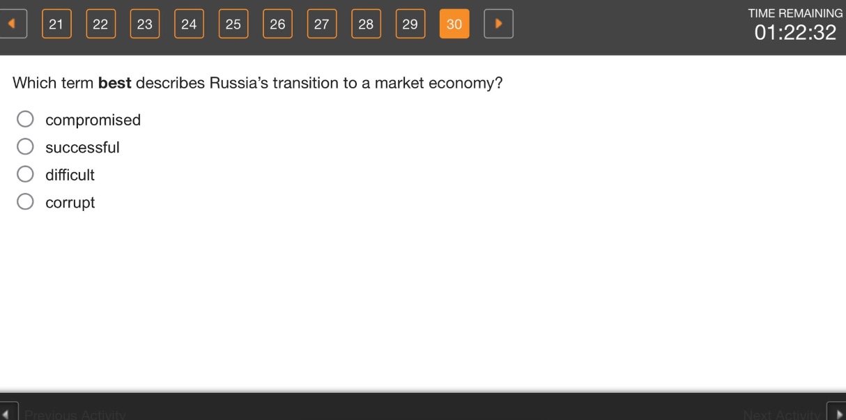 which term best describes russia’s transition to a market economy?\ncompromised\nsuccessful\ndifficult\ncorrupt