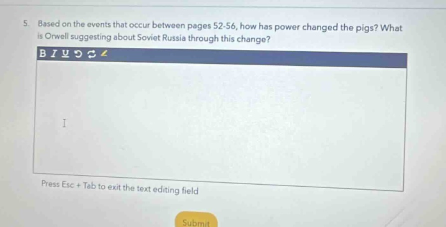 5. based on the events that occur between pages 52 - 56, how has power changed the pigs? what is orwell suggesting about soviet russia through this change?