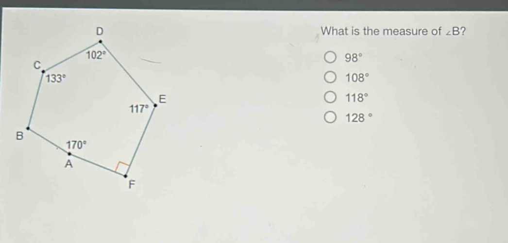 what is the measure of ∠b?\n98°\n108°\n118°\n128°