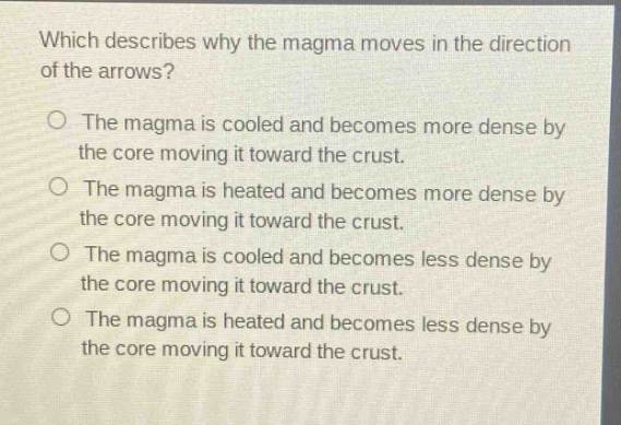 which describes why the magma moves in the direction of the arrows?\no the magma is cooled and becomes more dense by the core moving it toward the crust.\no the magma is heated and becomes more dense by the core moving it toward the crust.\no the magma is cooled and becomes less dense by the core moving it toward the crust.\no the magma is heated and becomes less dense by the core moving it toward the crust.