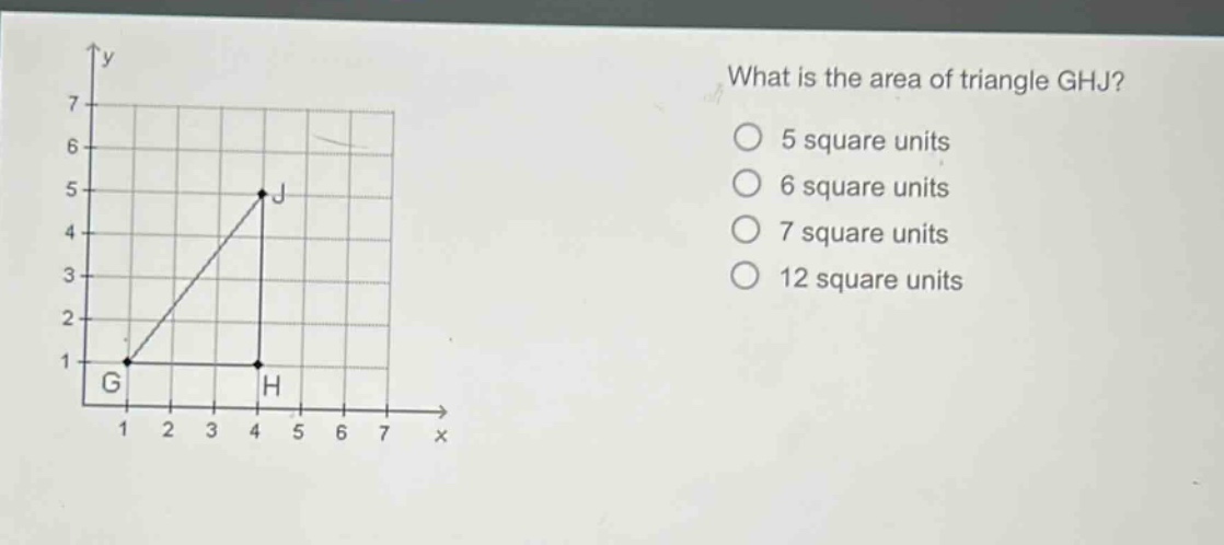 what is the area of triangle ghj?\n5 square units\n6 square units\n7 square units\n12 square units