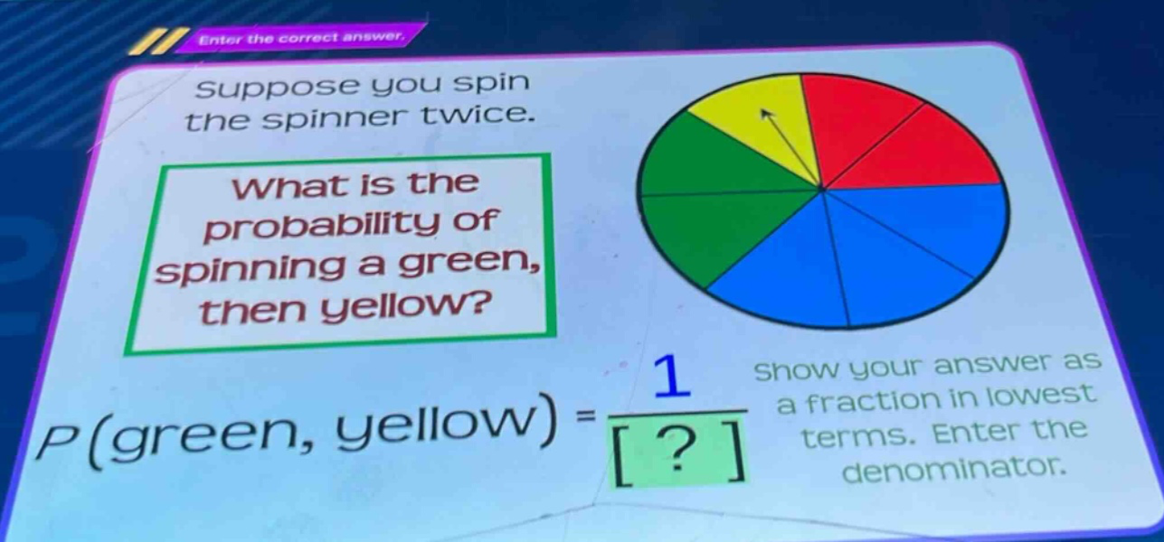 suppose you spin the spinner twice. what is the probability of spinning a green, then yellow? p(green, yellow) = 1/? show your answer as a fraction in lowest terms. enter the denominator.