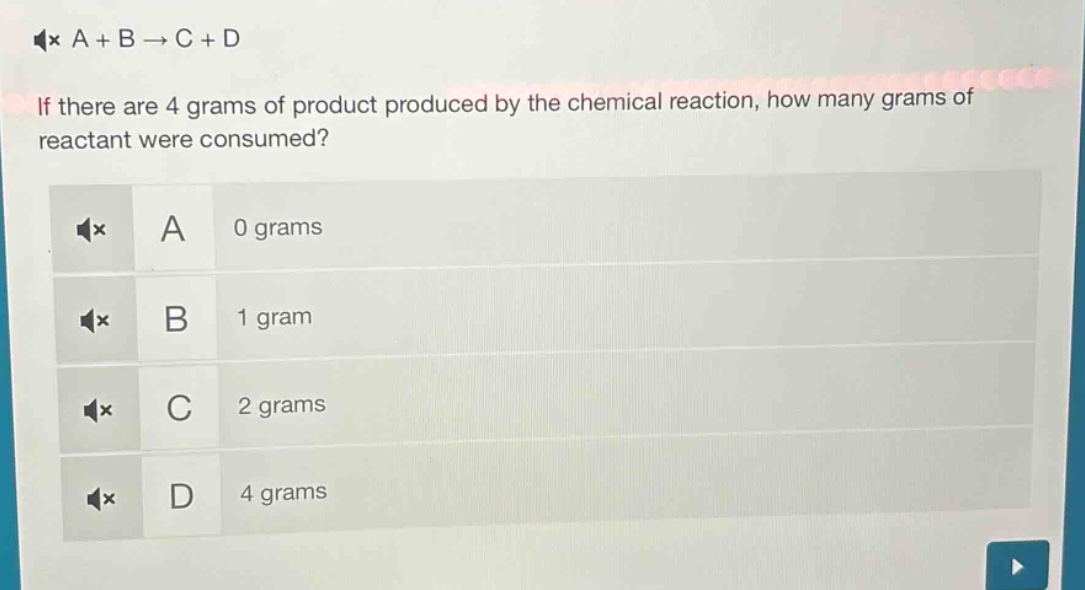 a + b → c + d\nif there are 4 grams of product produced by the chemical reaction, how many grams of reactant were consumed?\na 0 grams\nb 1 gram\nc 2 grams\nd 4 grams