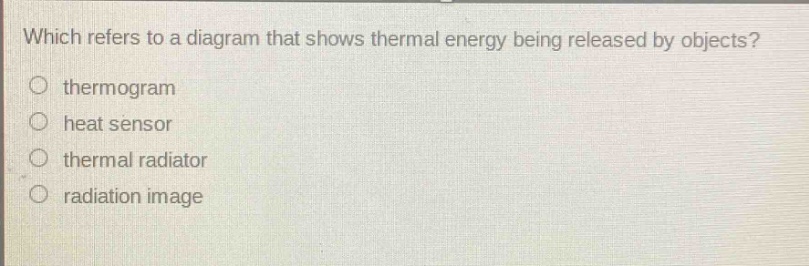 which refers to a diagram that shows thermal energy being released by objects?\nthermogram\nheat sensor\nthermal radiator\nradiation image
