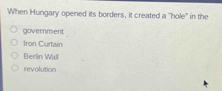 when hungary opened its borders, it created a \hole\ in the\ngovernment\niron curtain\nberlin wall\nrevolution