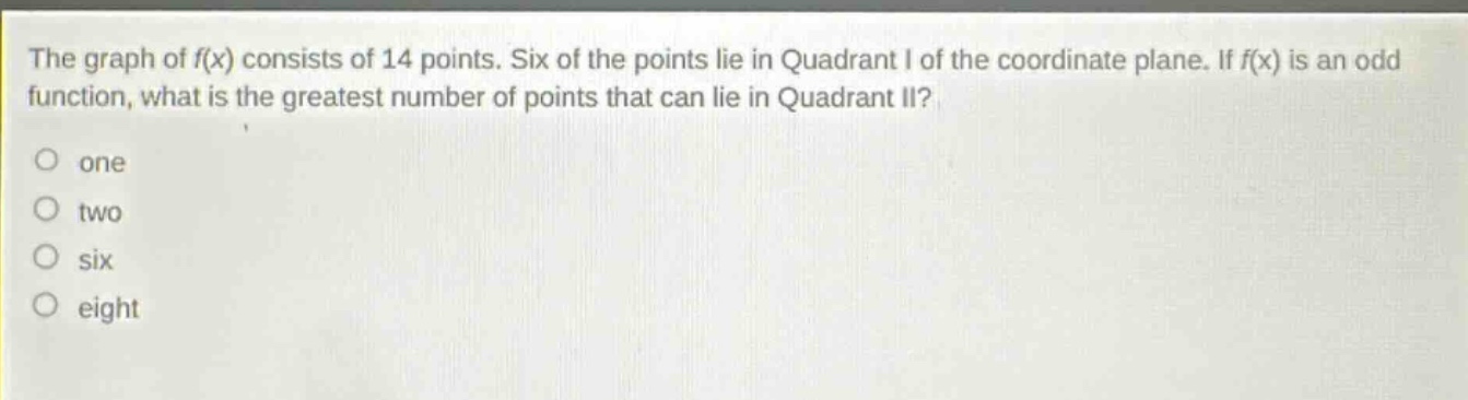 the graph of f(x) consists of 14 points. six of the points lie in quadrant i of the coordinate plane. if f(x) is an odd function, what is the greatest number of points that can lie in quadrant ii?\none\ntwo\nsix\neight