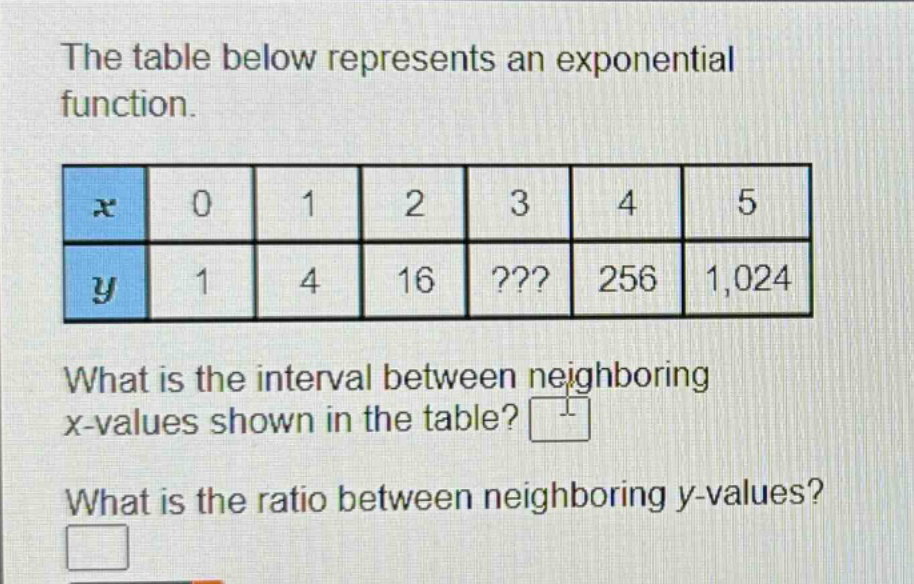 the table below represents an exponential function.\n|x|0|1|2|3|4|5|\n|y|1|4|16|???|256|1,024|\nwhat is the interval between neighboring x - values shown in the table?\nwhat is the ratio between neighboring y - values?
