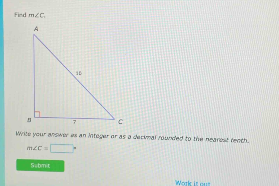 find m∠c.\nwrite your answer as an integer or as a decimal rounded to the nearest tenth.\nm∠c = □°