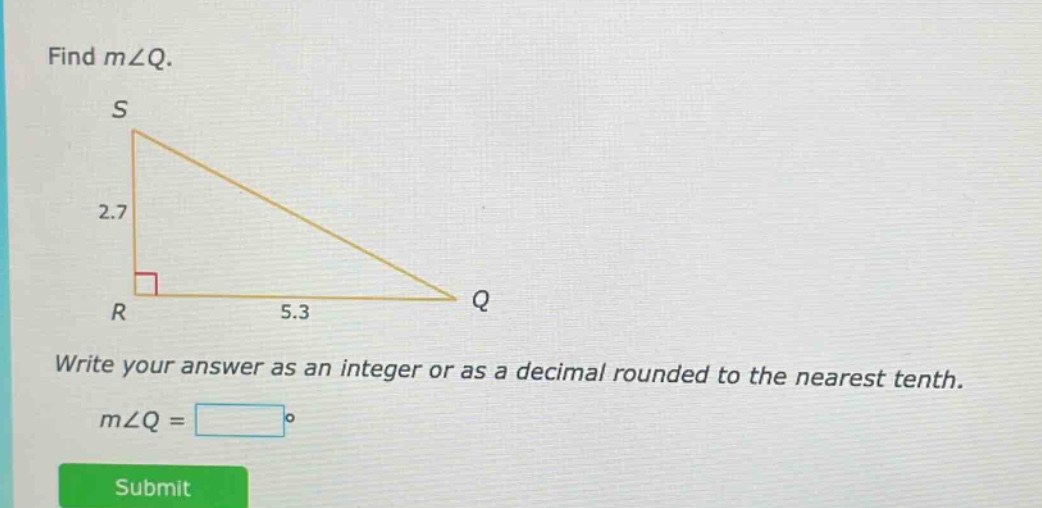 find m∠q.\nwrite your answer as an integer or as a decimal rounded to the nearest tenth.\nm∠q = □°