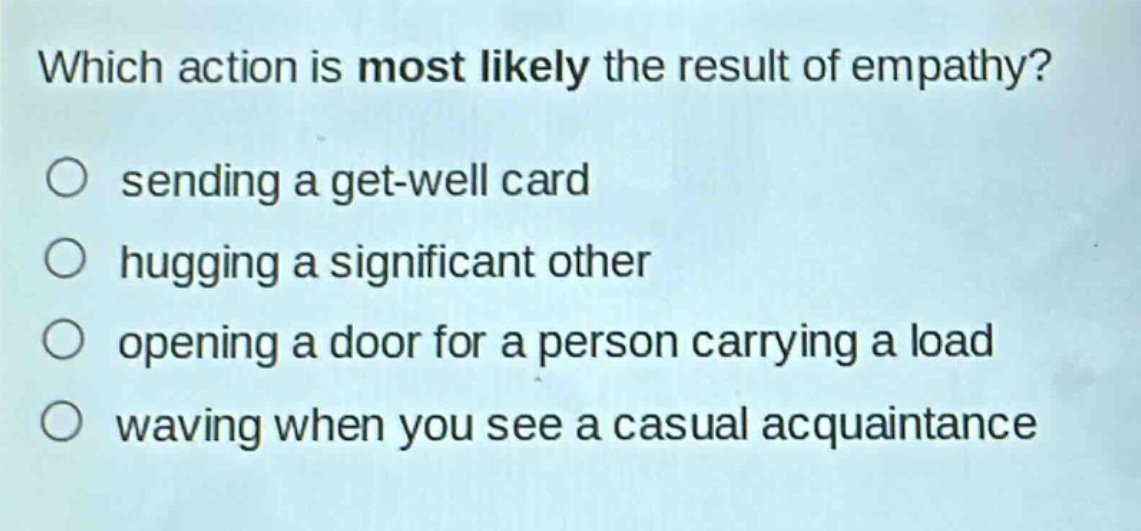 which action is most likely the result of empathy?\n○ sending a get - well card\n○ hugging a significant other\n○ opening a door for a person carrying a load\n○ waving when you see a casual acquaintance