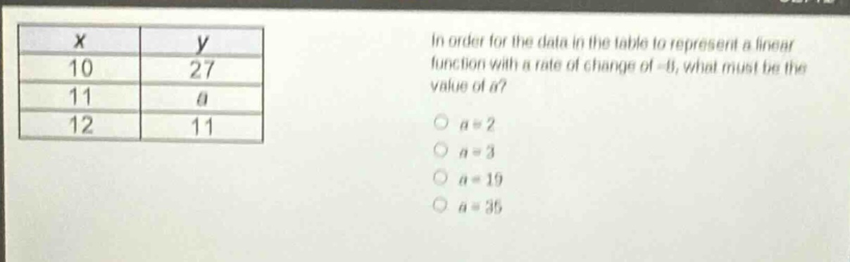 in order for the data in the table to represent a linear function with a rate of change of -8, what must be the value of a?\n10 27\n11 a\n12 11\no a = 2\no a = 3\no a = 19\no a = 35