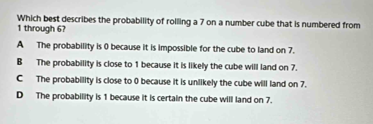 which best describes the probability of rolling a 7 on a number cube that is numbered from 1 through 6?\na the probability is 0 because it is impossible for the cube to land on 7.\nb the probability is close to 1 because it is likely the cube will land on 7.\nc the probability is close to 0 because it is unlikely the cube will land on 7.\nd the probability is 1 because it is certain the cube will land on 7.