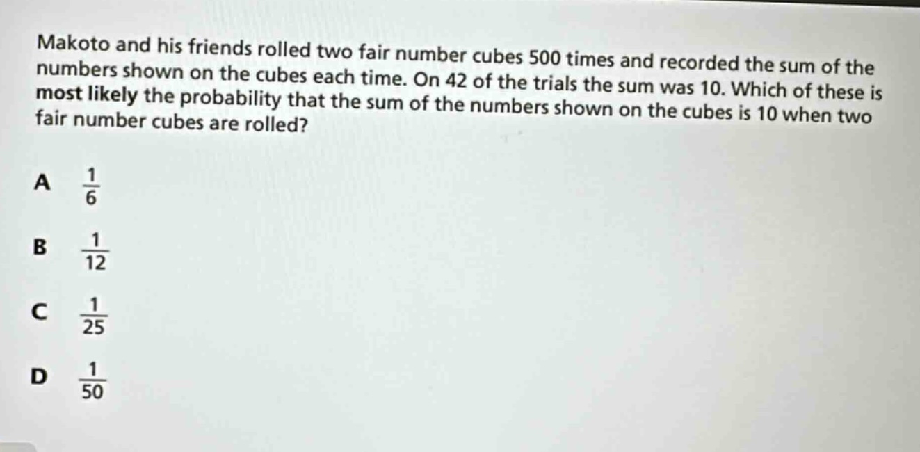 makoto and his friends rolled two fair number cubes 500 times and recorded the sum of the numbers shown on the cubes each time. on 42 of the trials the sum was 10. which of these is most likely the probability that the sum of the numbers shown on the cubes is 10 when two fair number cubes are rolled?\na $\frac{1}{6}$\nb $\frac{1}{12}$\nc $\frac{1}{25}$\nd $\frac{1}{50}$