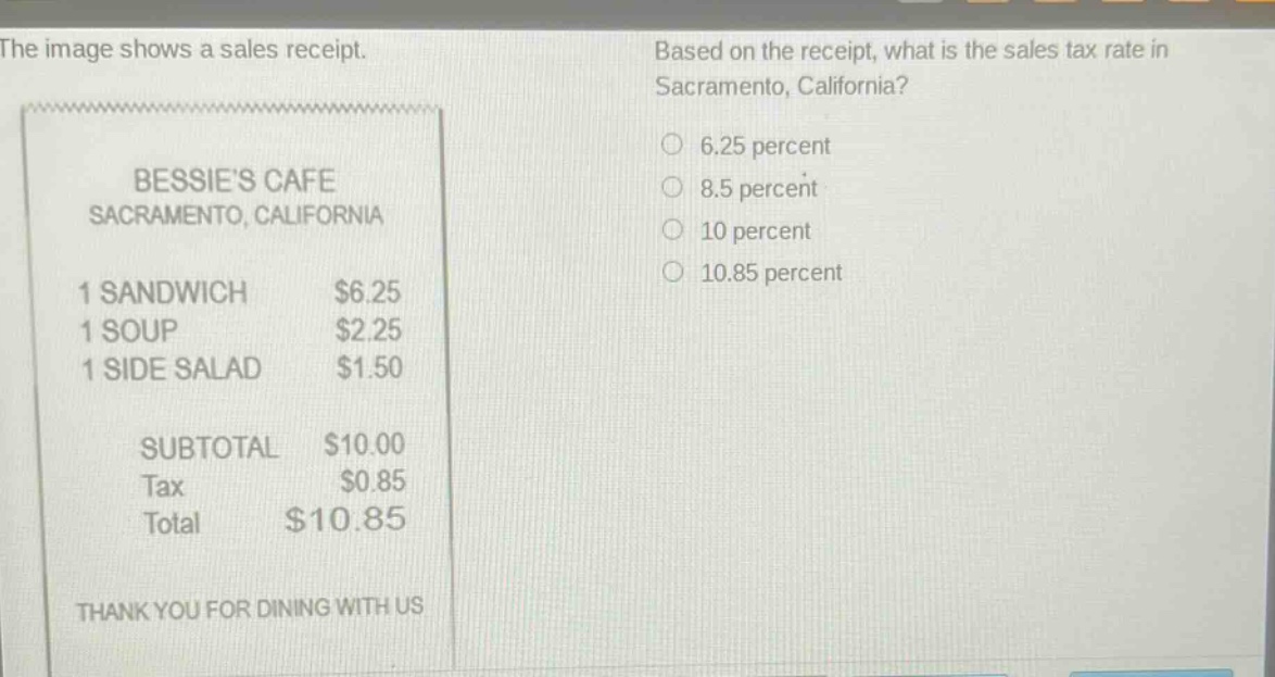 the image shows a sales receipt. based on the receipt, what is the sales tax rate in sacramento, california? bessies cafe sacramento, california 1 sandwich $6.25 1 soup $2.25 1 side salad $1.50 subtotal $10.00 tax $0.85 total $10.85 thank you for dining with us 6.25 percent 8.5 percent 10 percent 10.85 percent