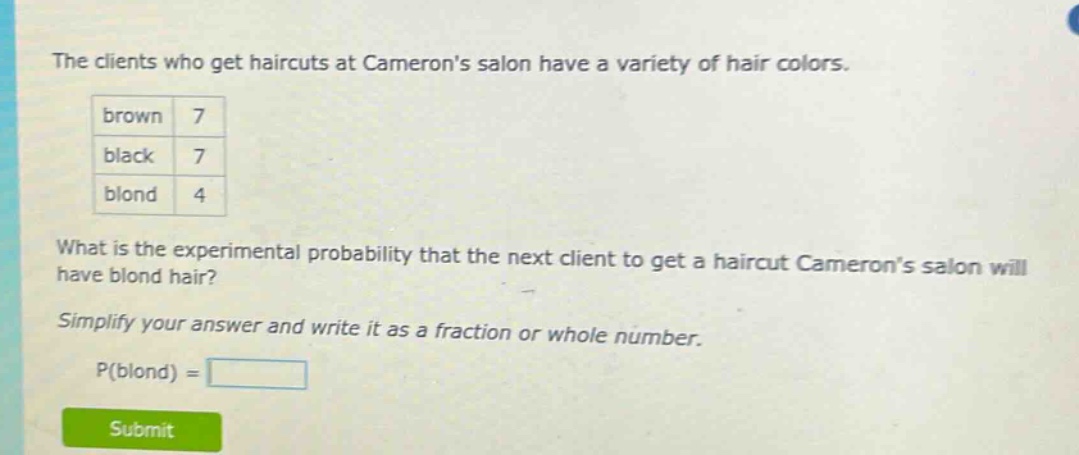 the clients who get haircuts at camerons salon have a variety of hair colors. brown 7 black 7 blond 4 what is the experimental probability that the next client to get a haircut camerons salon will have blond hair? simplify your answer and write it as a fraction or whole number. p(blond) =