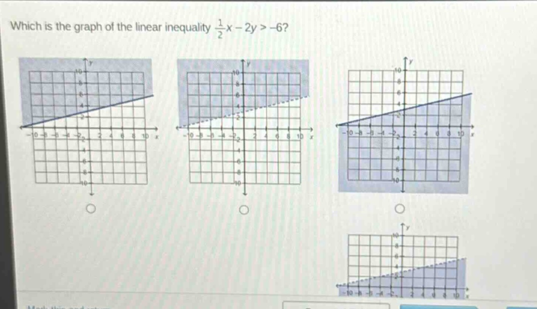 which is the graph of the linear inequality $\frac{1}{2}x - 2y > -6$?