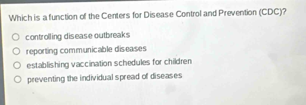 which is a function of the centers for disease control and prevention (cdc)?\ncontrolling disease outbreaks\nreporting communicable diseases\nestablishing vaccination schedules for children\npreventing the individual spread of diseases