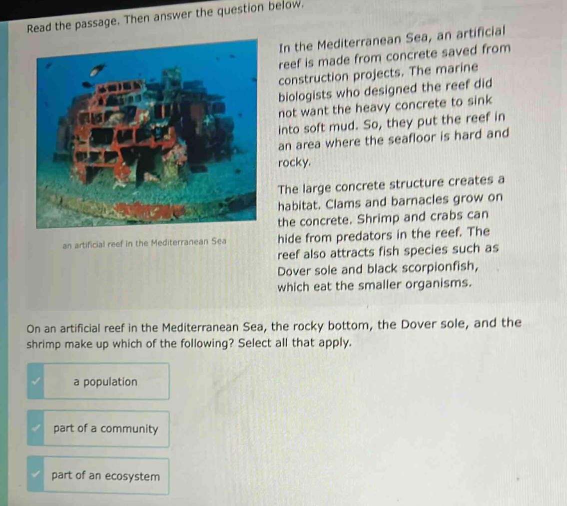 read the passage. then answer the question below.\nin the mediterranean sea, an artificial reef is made from concrete saved from construction projects. the marine biologists who designed the reef did not want the heavy concrete to sink into soft mud. so, they put the reef in an area where the seafloor is hard and rocky.\nthe large concrete structure creates a habitat. clams and barnacles grow on the concrete. shrimp and crabs can hide from predators in the reef. the reef also attracts fish species such as dover sole and black scorpionfish, which eat the smaller organisms.\non an artificial reef in the mediterranean sea, the rocky bottom, the dover sole, and the shrimp make up which of the following? select all that apply.\na population\npart of a community\npart of an ecosystem