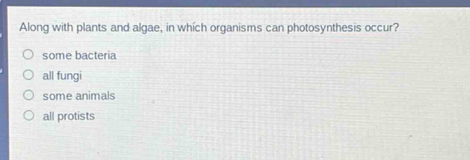 along with plants and algae, in which organisms can photosynthesis occur?\no some bacteria\no all fungi\no some animals\no all protists