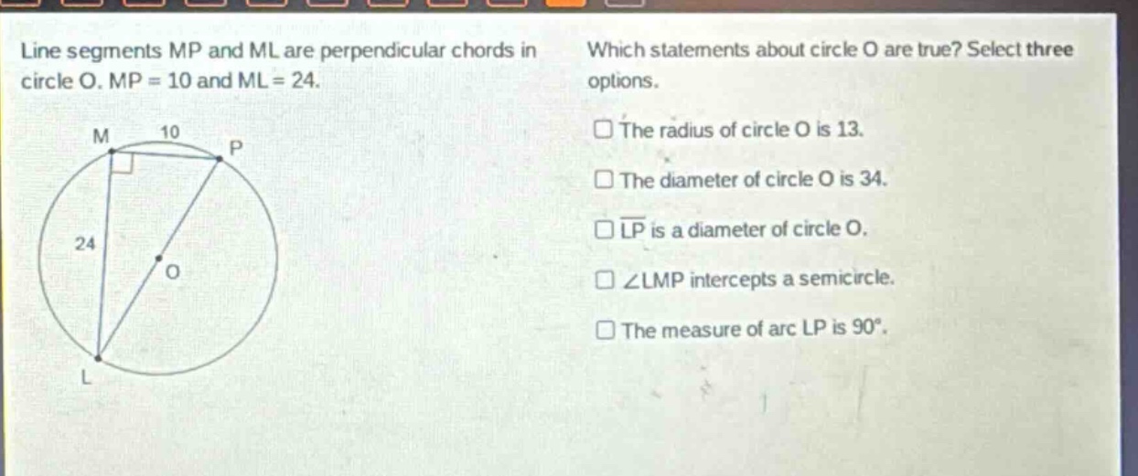 line segments mp and ml are perpendicular chords in circle o. mp = 10 and ml = 24. which statements about circle o are true? select three options. the radius of circle o is 13. the diameter of circle o is 34. lp is a diameter of circle o. ∠lmp intercepts a semicircle. the measure of arc lp is 90°.