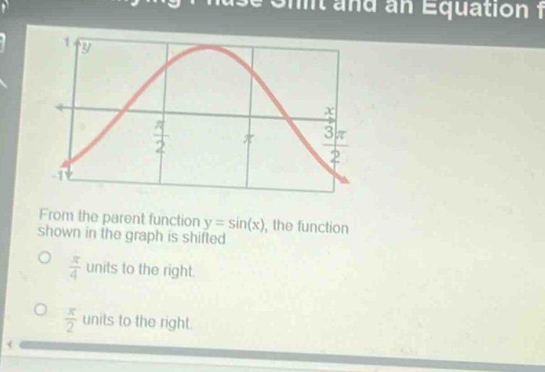 from the parent function y = sin(x), the function shown in the graph is shifted\no $\frac{pi}{4}$ units to the right.\no $\frac{pi}{2}$ units to the right.