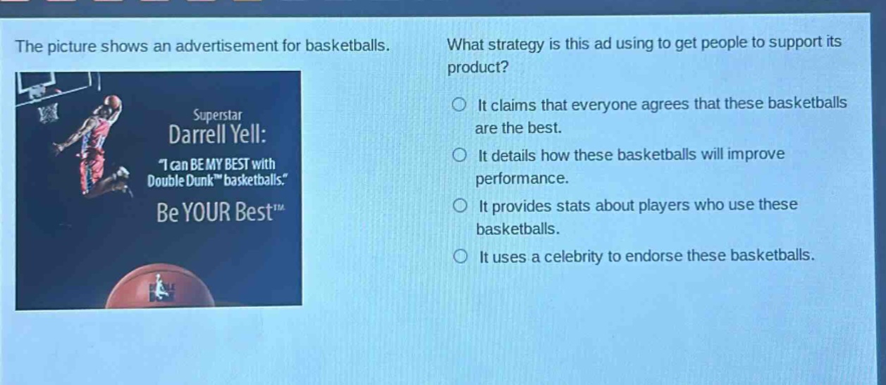 the picture shows an advertisement for basketballs. what strategy is this ad using to get people to support its product? superstar darrell yell: \i can be my best with double dunk™ basketballs.\ be your best™ it claims that everyone agrees that these basketballs are the best. it details how these basketballs will improve performance. it provides stats about players who use these basketballs. it uses a celebrity to endorse these basketballs.