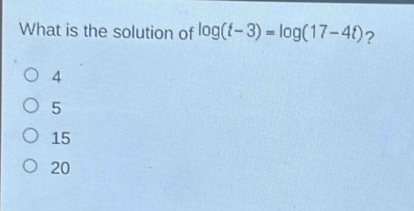 what is the solution of log(t - 3)=log(17 - 4t)?\n4\n5\n15\n20