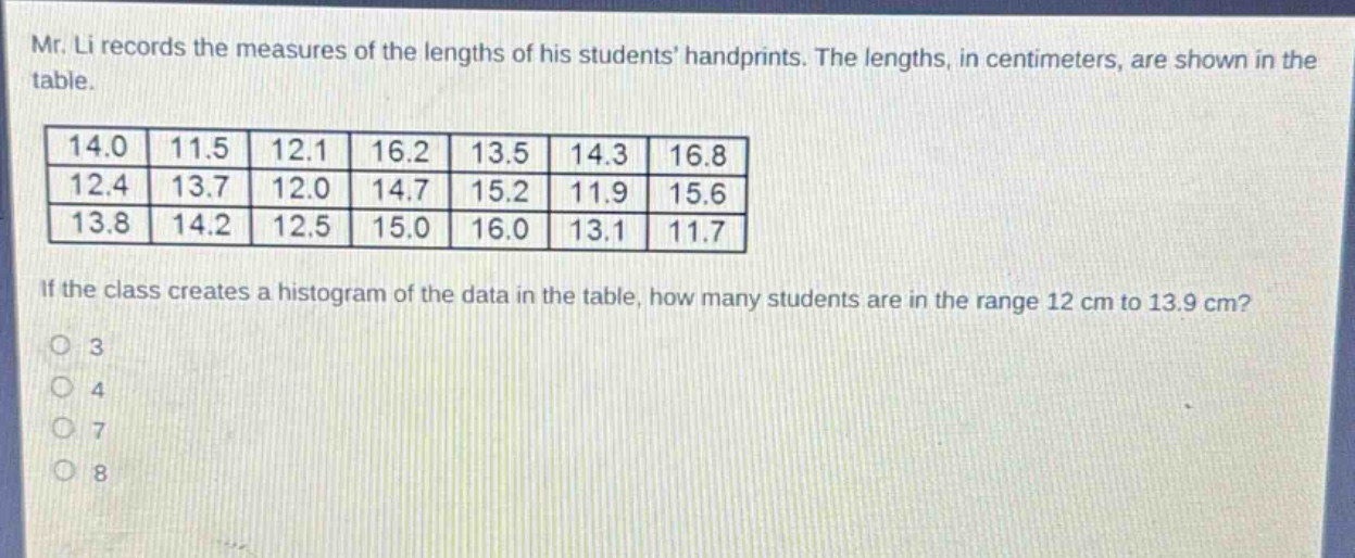 mr. li records the measures of the lengths of his students handprints. the lengths, in centimeters, are shown in the table.\n|14.0|11.5|12.1|16.2|13.5|14.3|16.8|\n|12.4|13.7|12.0|14.7|15.2|11.9|15.6|\n|13.8|14.2|12.5|15.0|16.0|13.1|11.7|\nif the class creates a histogram of the data in the table, how many students are in the range 12 cm to 13.9 cm?\no 3\no 4\no 7\no 8