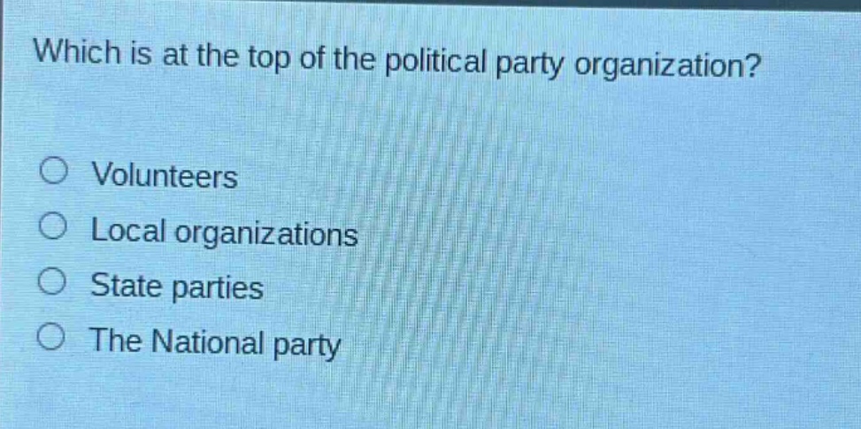 which is at the top of the political party organization?\n○ volunteers\n○ local organizations\n○ state parties\n○ the national party
