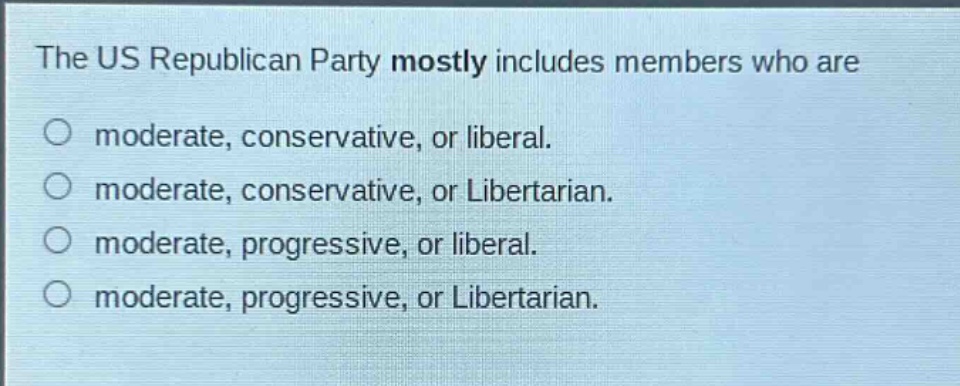 the us republican party mostly includes members who are\nmoderate, conservative, or liberal.\nmoderate, conservative, or libertarian.\nmoderate, progressive, or liberal.\nmoderate, progressive, or libertarian.