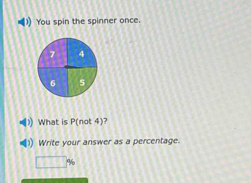 you spin the spinner once. what is p(not 4)? write your answer as a percentage.