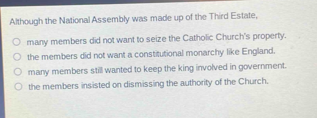 although the national assembly was made up of the third estate, \no many members did not want to seize the catholic churchs property.\no the members did not want a constitutional monarchy like england.\no many members still wanted to keep the king involved in government.\no the members insisted on dismissing the authority of the church.