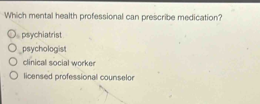 which mental health professional can prescribe medication?\npsychiatrist\npsychologist\nclinical social worker\nlicensed professional counselor