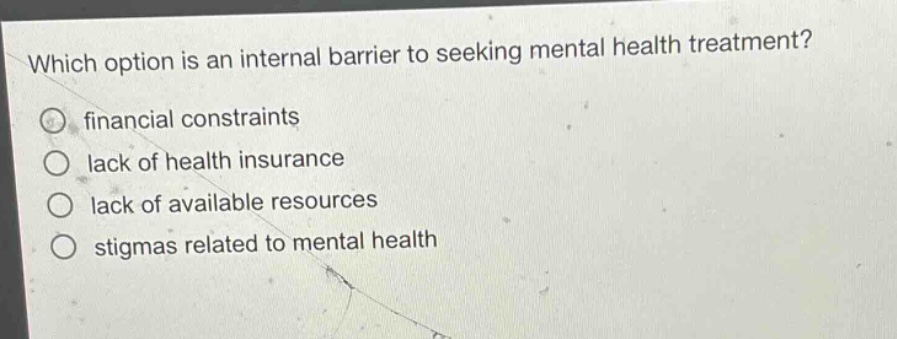 which option is an internal barrier to seeking mental health treatment?\n○ financial constraints\n○ lack of health insurance\n○ lack of available resources\n○ stigmas related to mental health