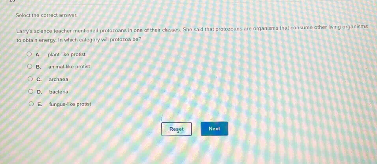 select the correct answer.\nlarrys science teacher mentioned protozoans in one of their classes. she said that protozoans are organisms that consume other living organisms to obtain energy. in which category will protozoa be?\na. plant - like protist\nb. animal - like protist\nc. archaea\nd. bacteria\ne. fungus - like protist