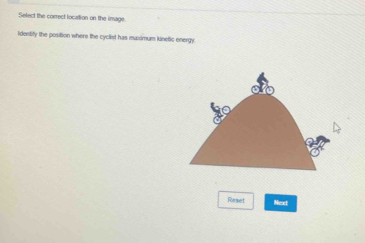 select the correct location on the image. identify the position where the cyclist has maximum kinetic energy.