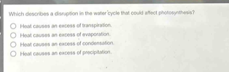which describes a disruption in the water cycle that could affect photosynthesis?\nheat causes an excess of transpiration.\nheat causes an excess of evaporation.\nheat causes an excess of condensation.\nheat causes an excess of precipitation.
