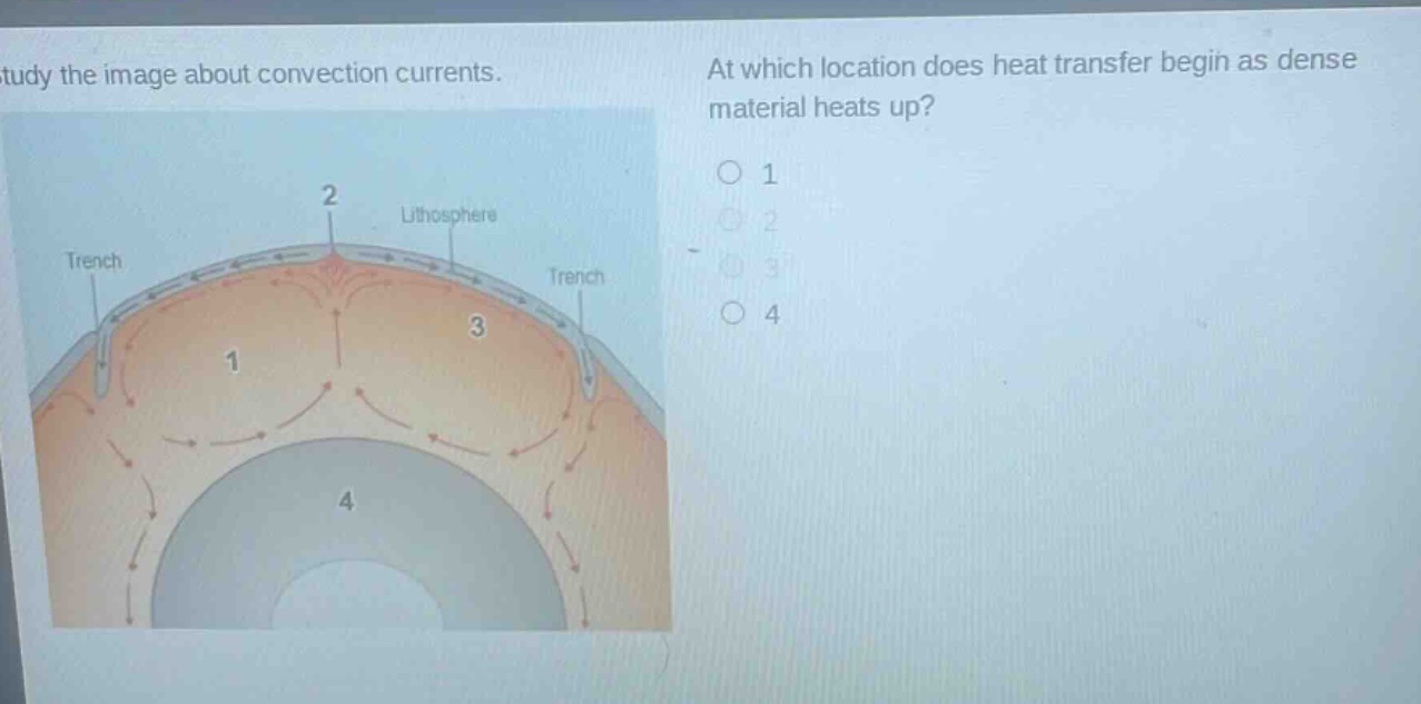study the image about convection currents. at which location does heat transfer begin as dense material heats up? o 1 o 2 o 3 o 4