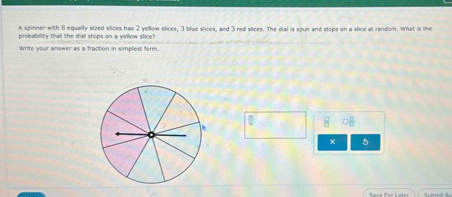 a spinner with 8 equally sized slices has 2 yellow slices, 3 blue slices, and 3 red slices. the dial is spun and stops on a slice at random. what is the probability that the dial stops on a yellow slice? write your answer as a fraction in simplest form.